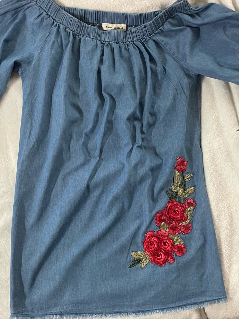 Speed Control Light Blue Off-Shoulder Dress with Red Rose Embroidery